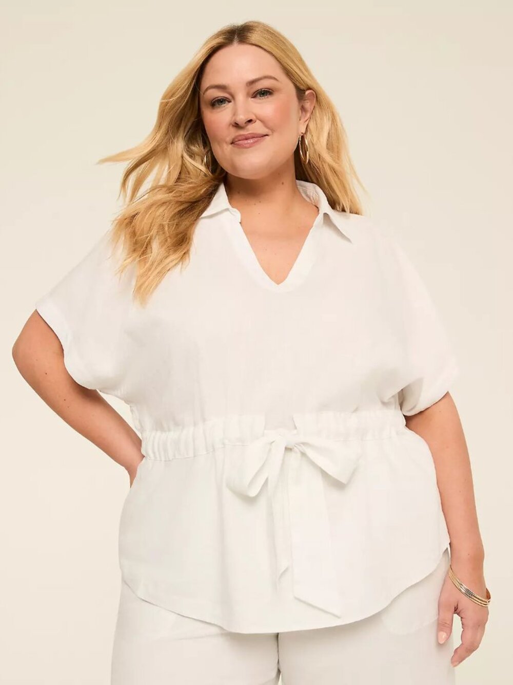 Lane Bryant Top Size 26 White Tie Waist Collared Short Sleeve